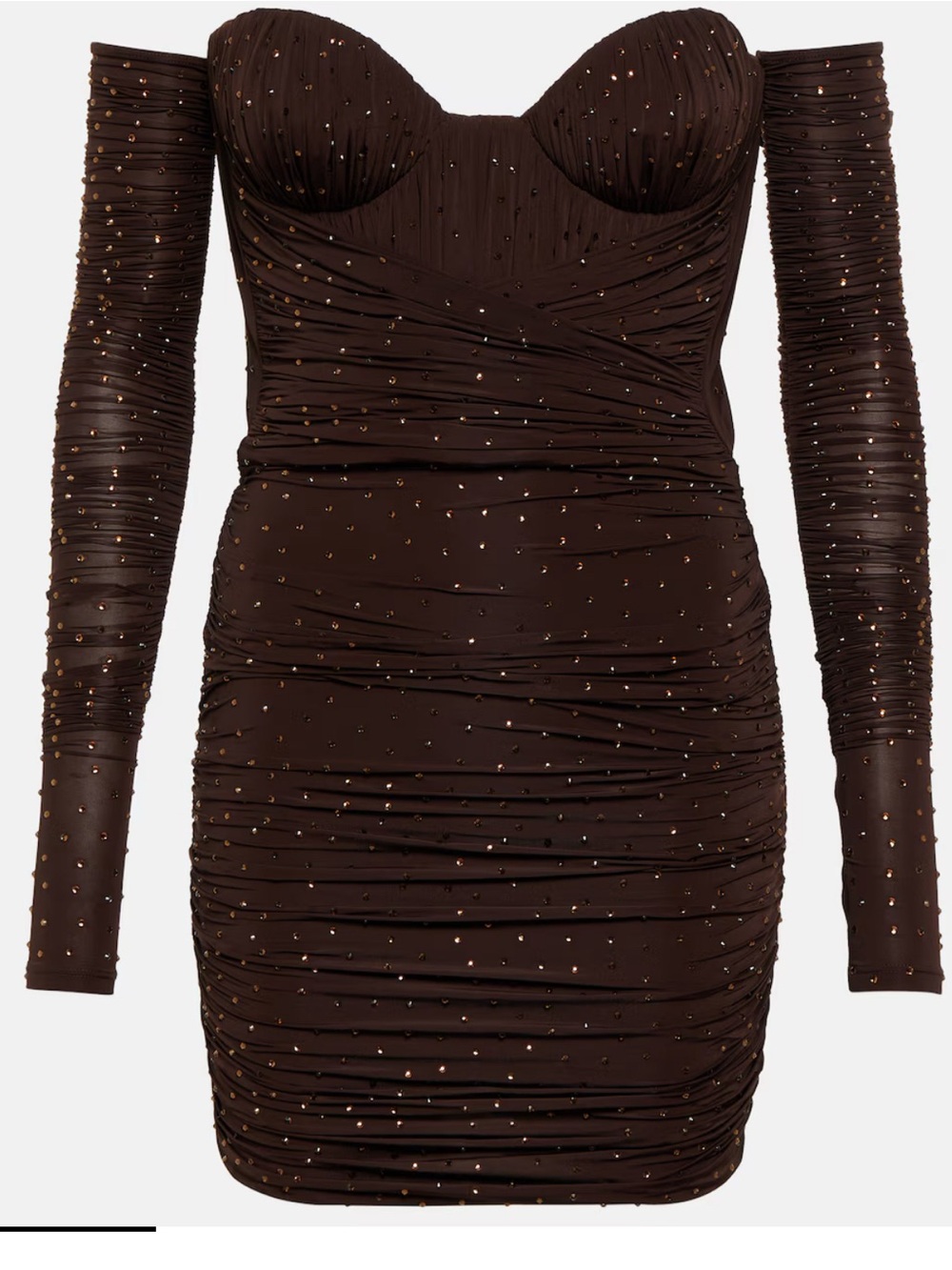 Alex Perry Brown Off-Shoulder Ruched Long Sleeve Mini Dress with crystals